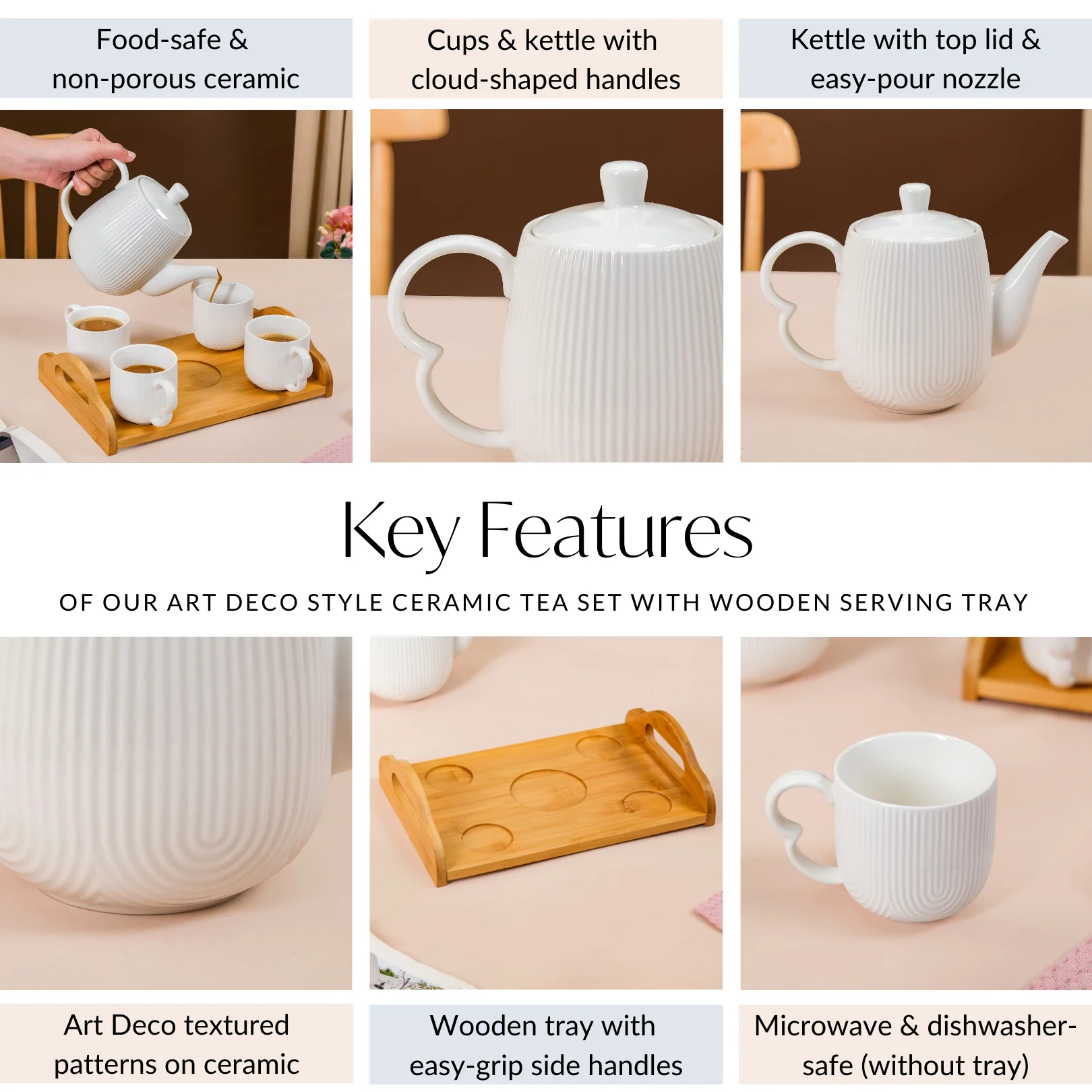 Art Deco Style Ceramic Tea Set With Wooden Serving Tray - Image 4
