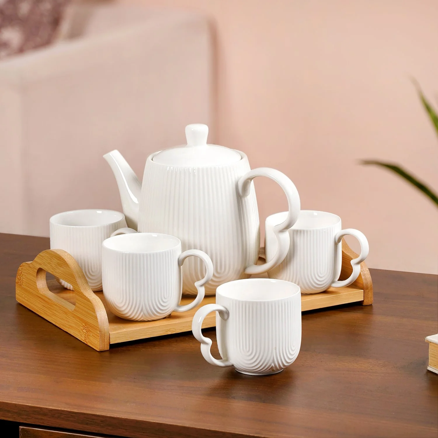 Art Deco Style Ceramic Tea Set With Wooden Serving Tray - Image 9