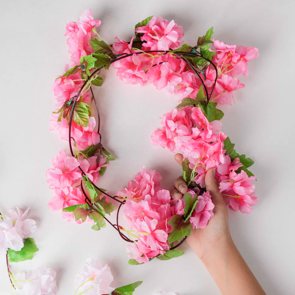 Artificial Sakura Blossoms And Leaves Vine Crimson - Image 5