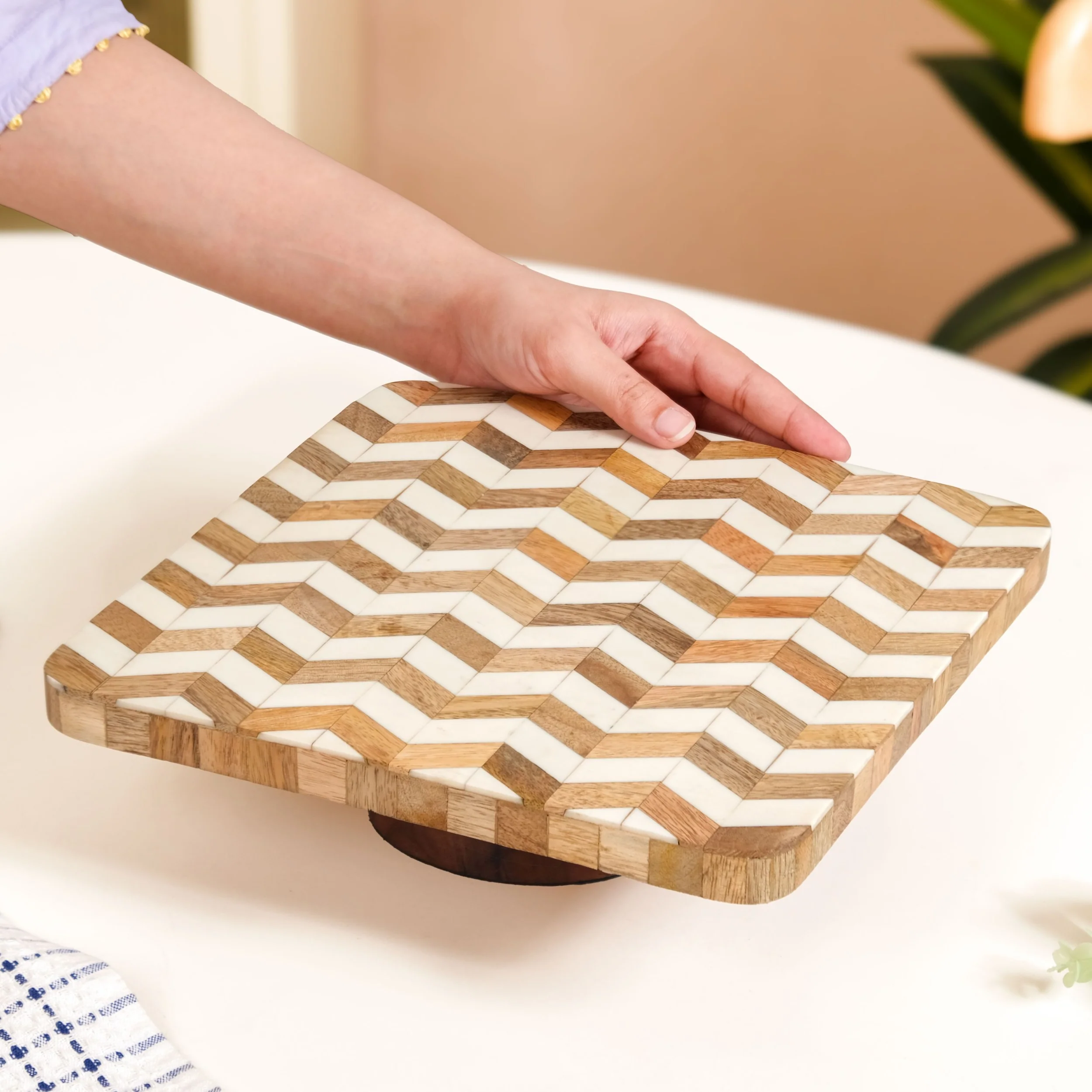 Artisanal Chevron Square Wooden Dessert Riser 26x26cm - Image 2