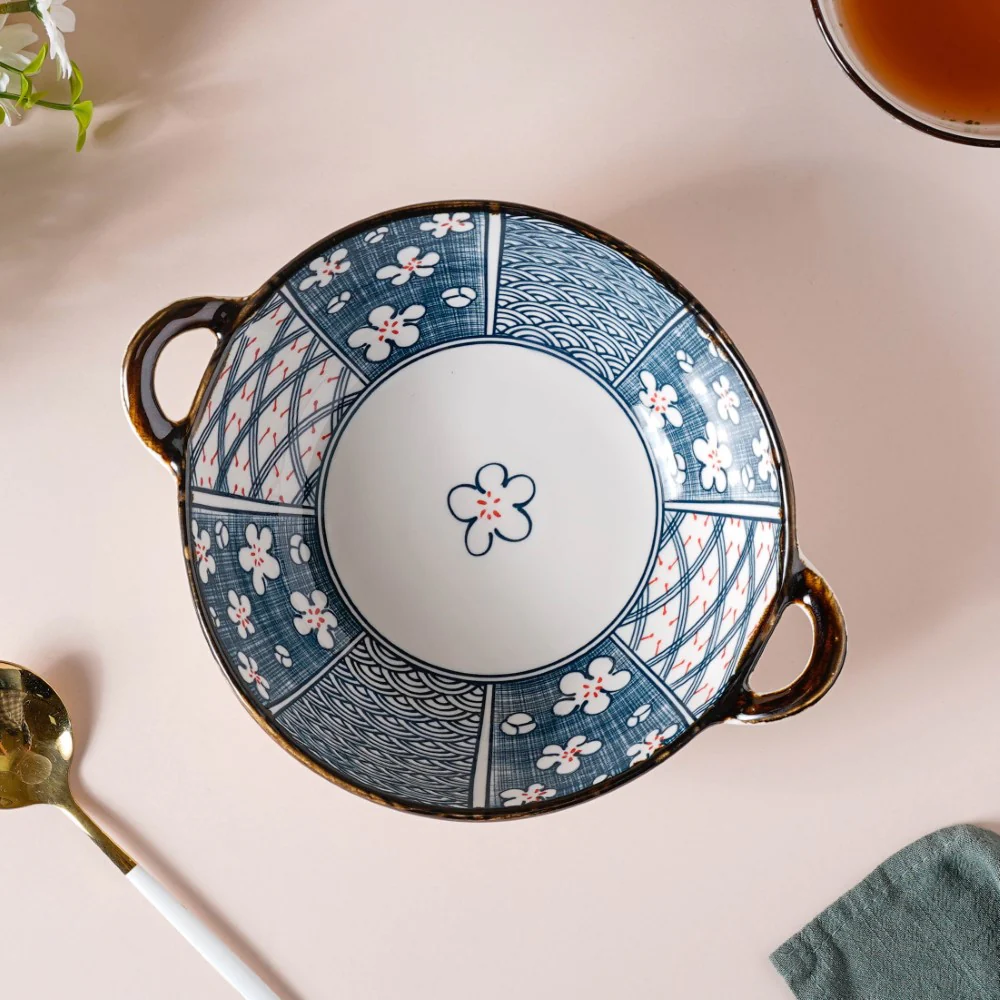 Asagao Patterned Serving Bowl With Handles 9 Inch 500 ml - Image 7