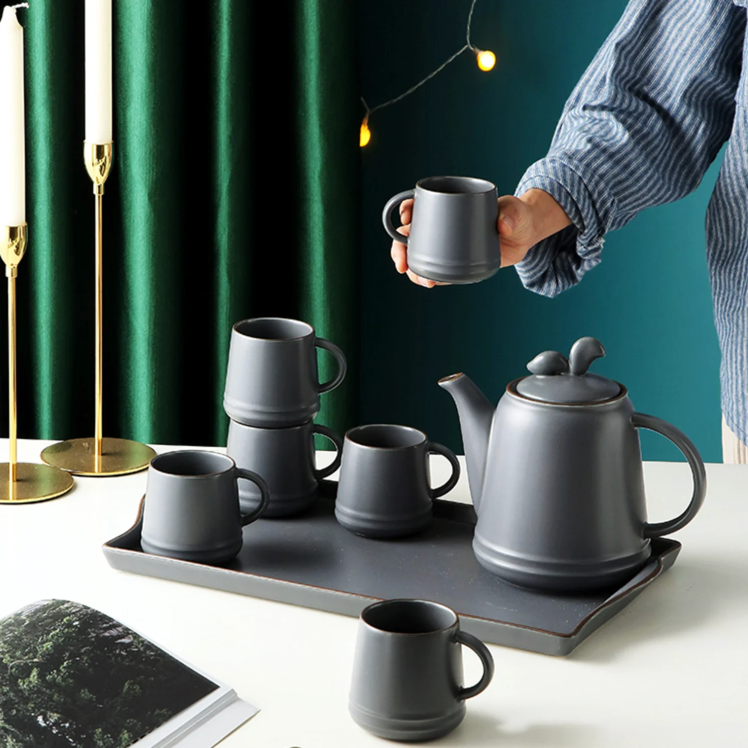 Asphalt Grey Ceramic Teaware Set Of 6 - Image 2