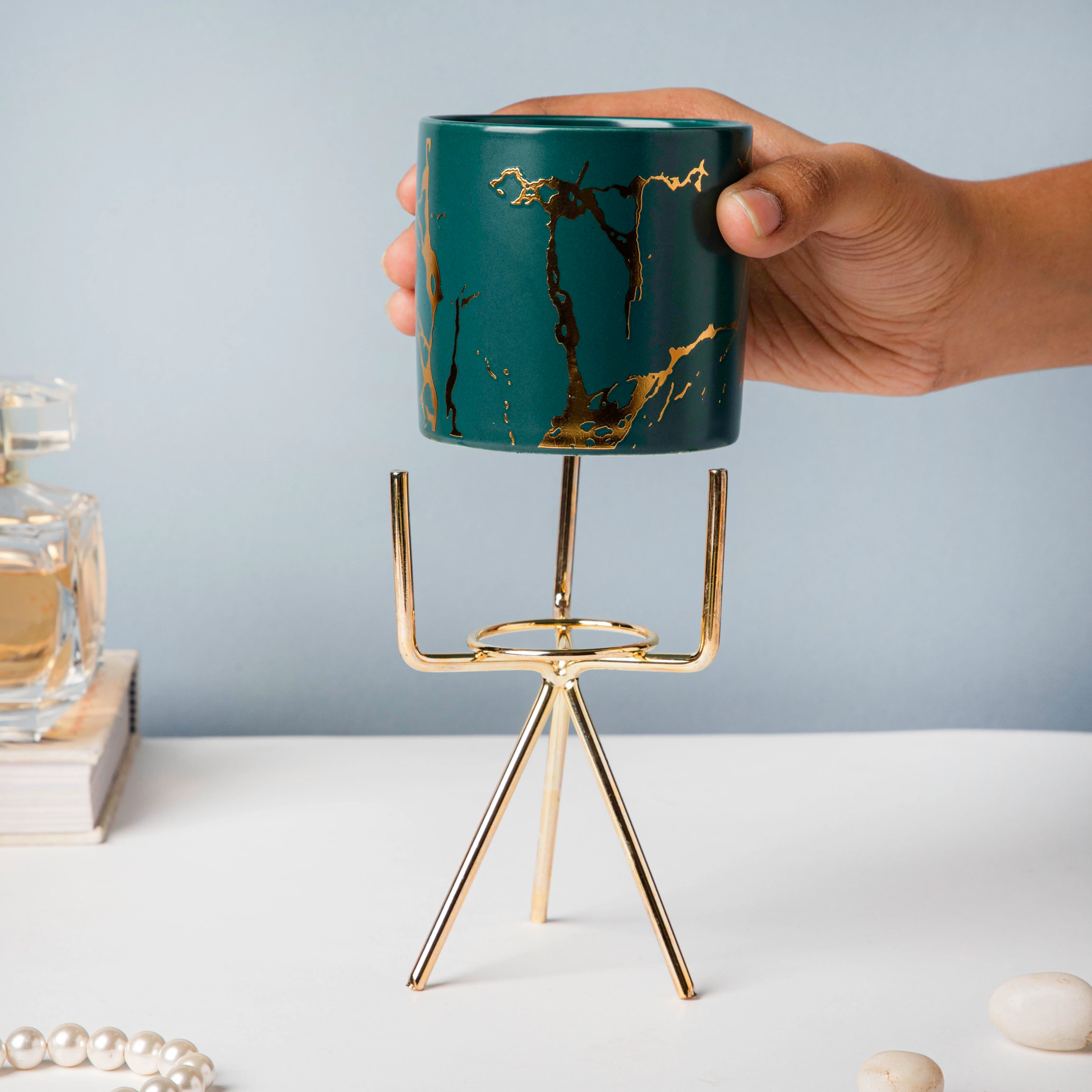 Auric Marble Green Planter with Stand Small - Image 2