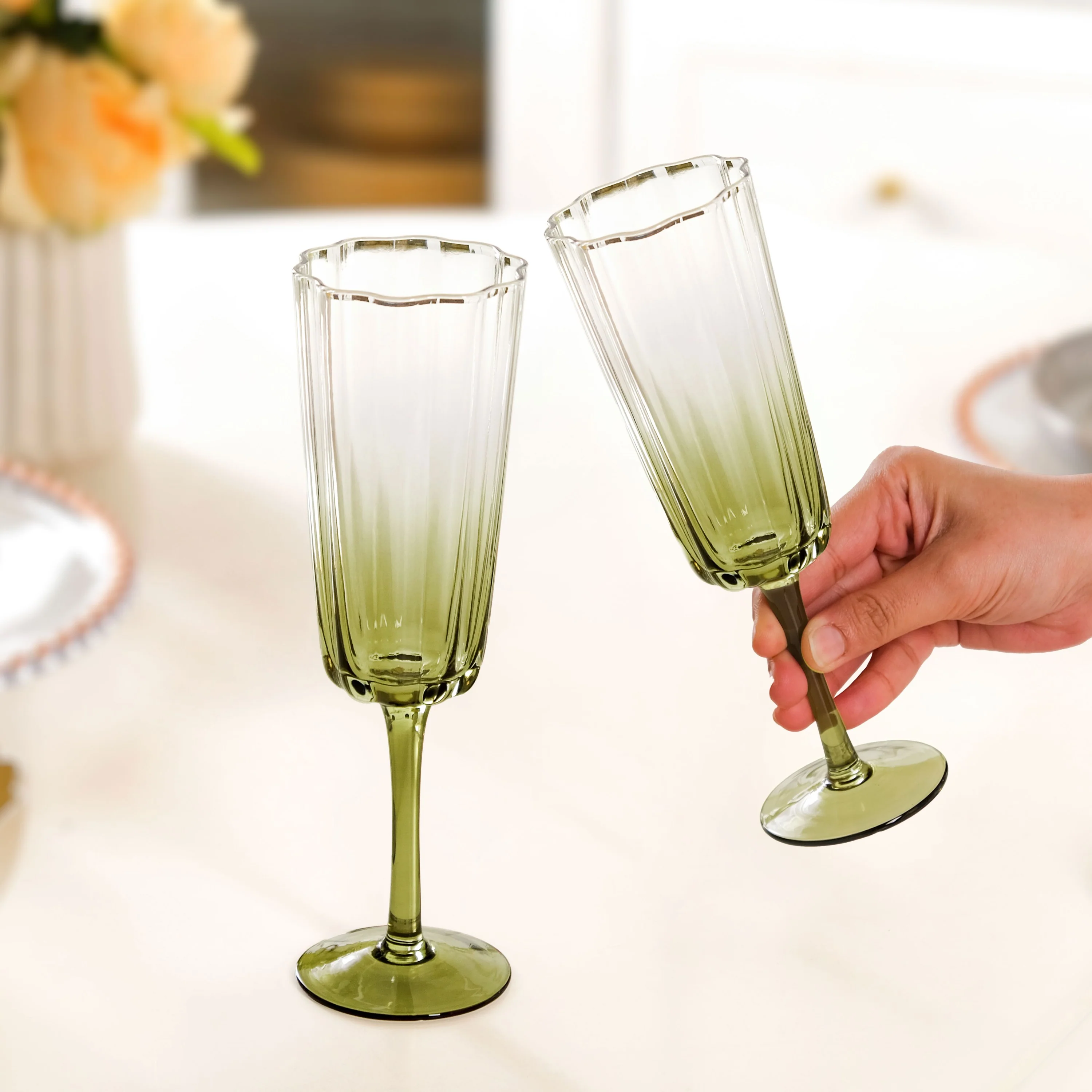 Aurora Ombre Fluted Champagne Glass Set Of 2 Green 220ml - Image 2