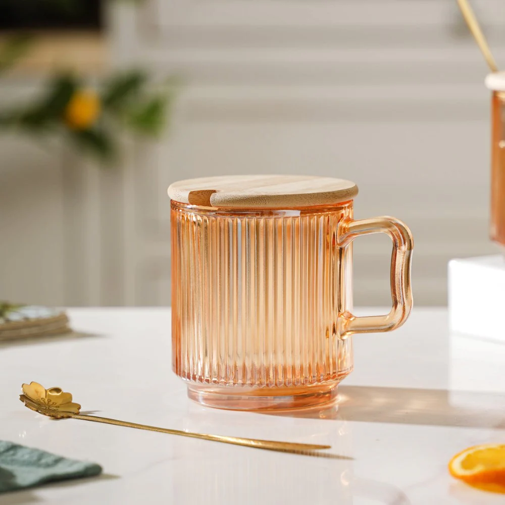 Aurora Ribbed Amber Glass Mug With Lid And Spoon Set Of 2 350 ml - Image 10