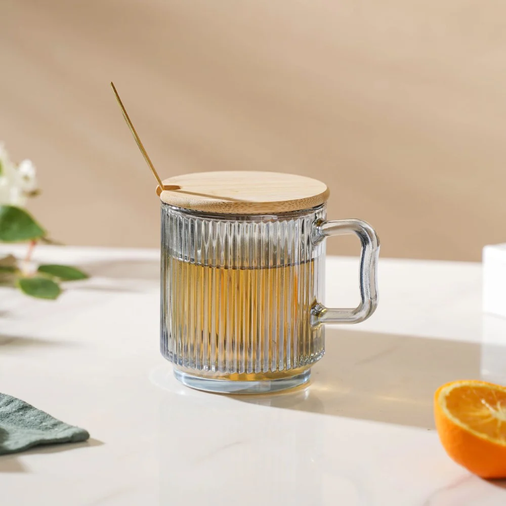 Aurora Ribbed Grey Glass Mug With Lid And Spoon Set Of 2 350 ml - Image 6
