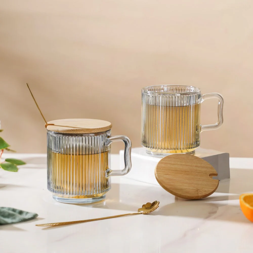 Aurora Ribbed Grey Glass Mug With Lid And Spoon Set Of 2 350 ml - Image 7