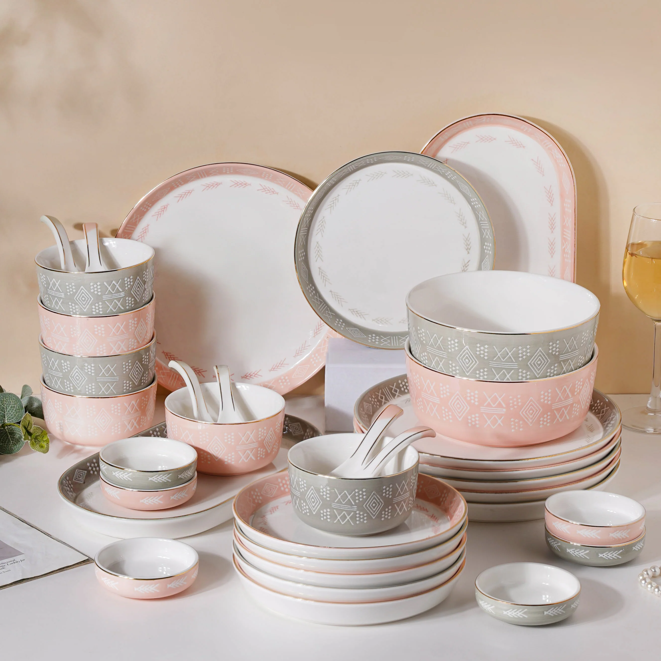 Azo Pink Grey 34 Piece Dinner Set For 6 - Image 2