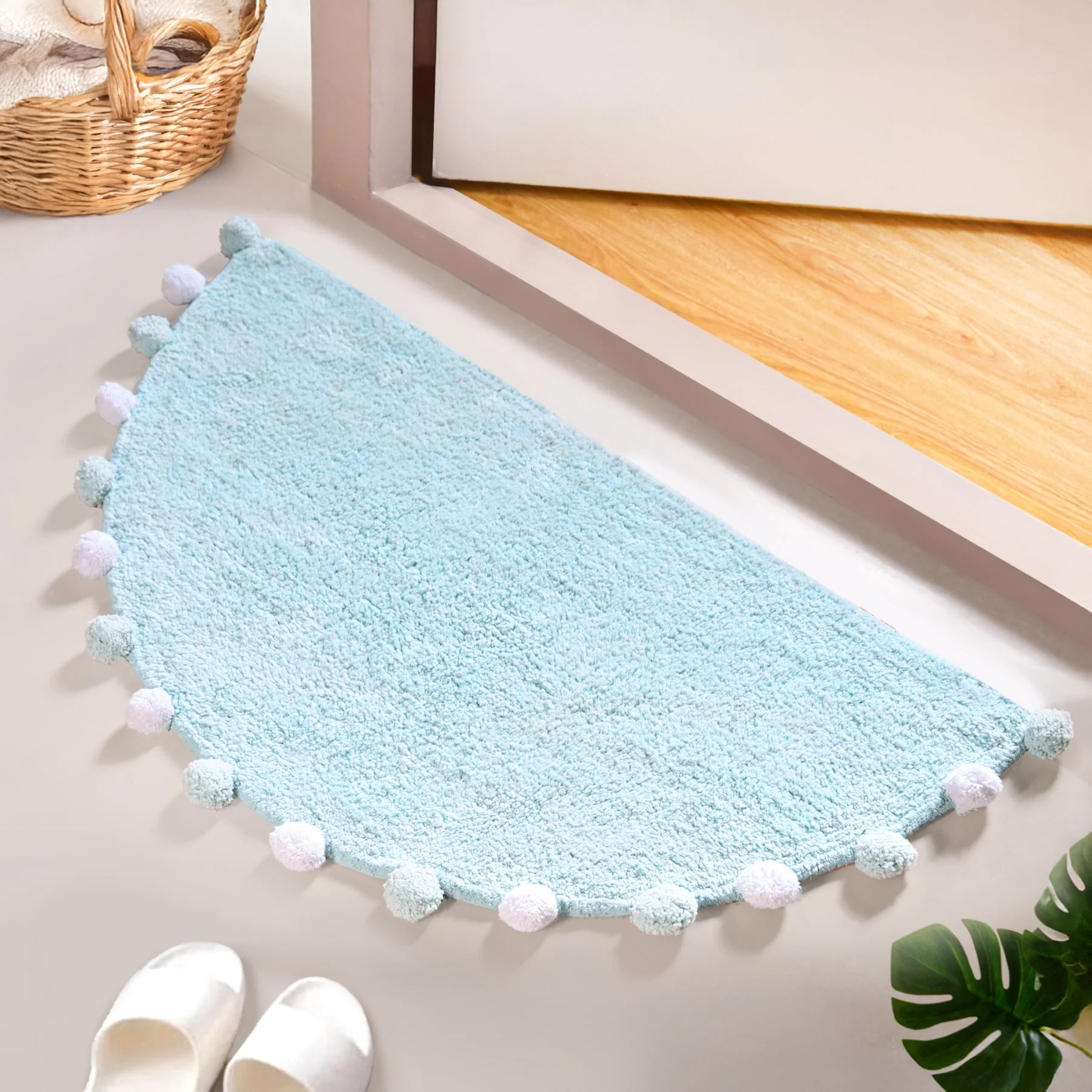 Baby Blue Pom Pom Tufted Cotton Anti Slip Floor Mat 88x47cm