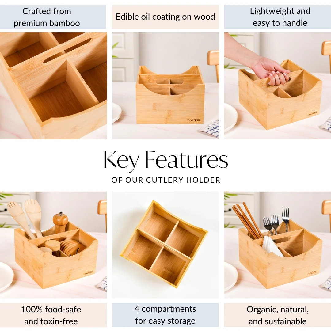 Bamboo Cutlery Caddy With Handle - Image 4