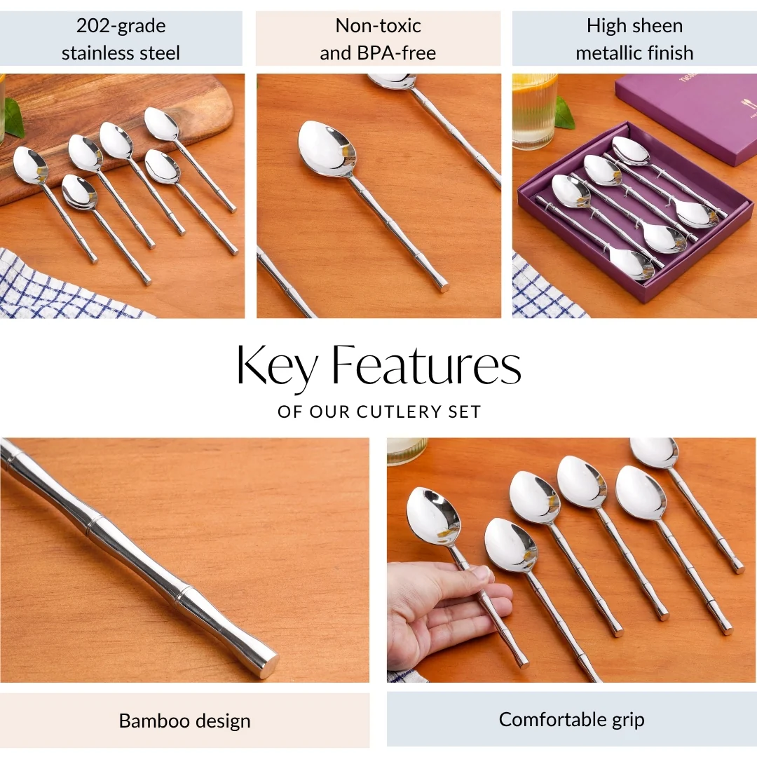 Bamboo Inspired Stainless Steel Table Spoon Set Of 6 - Image 5