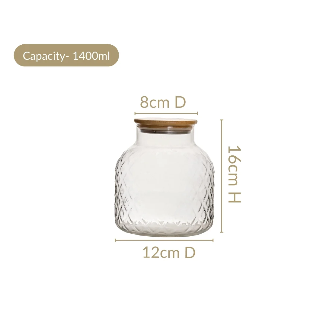 Diamond Glass Storage Jars with Bamboo Lid Set of 2 1400ml - Image 3
