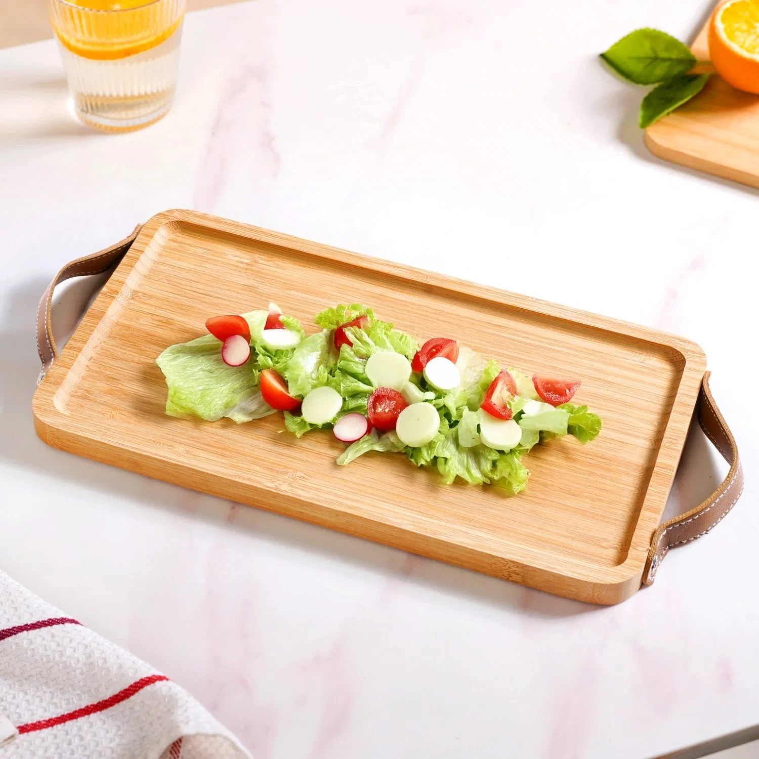 Bamboo Tray With Leather Handles 12inch
