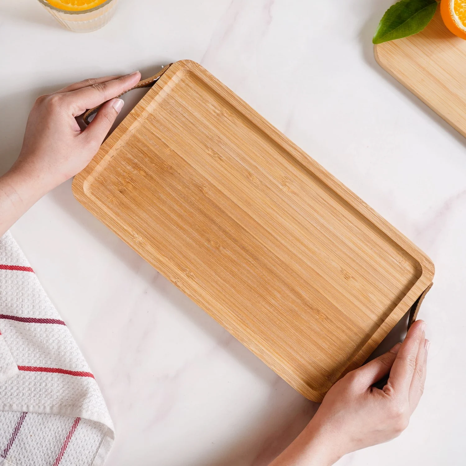 Bamboo Tray With Leather Handles 12inch - Image 2
