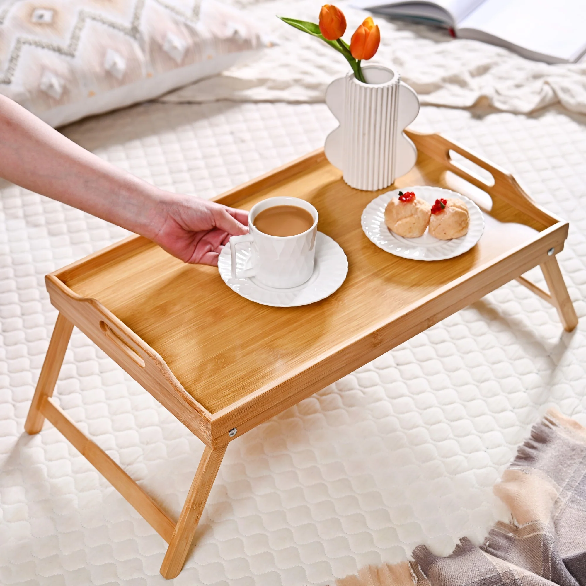 Bamboo Wood Bed Table With Foldable Legs - Image 2