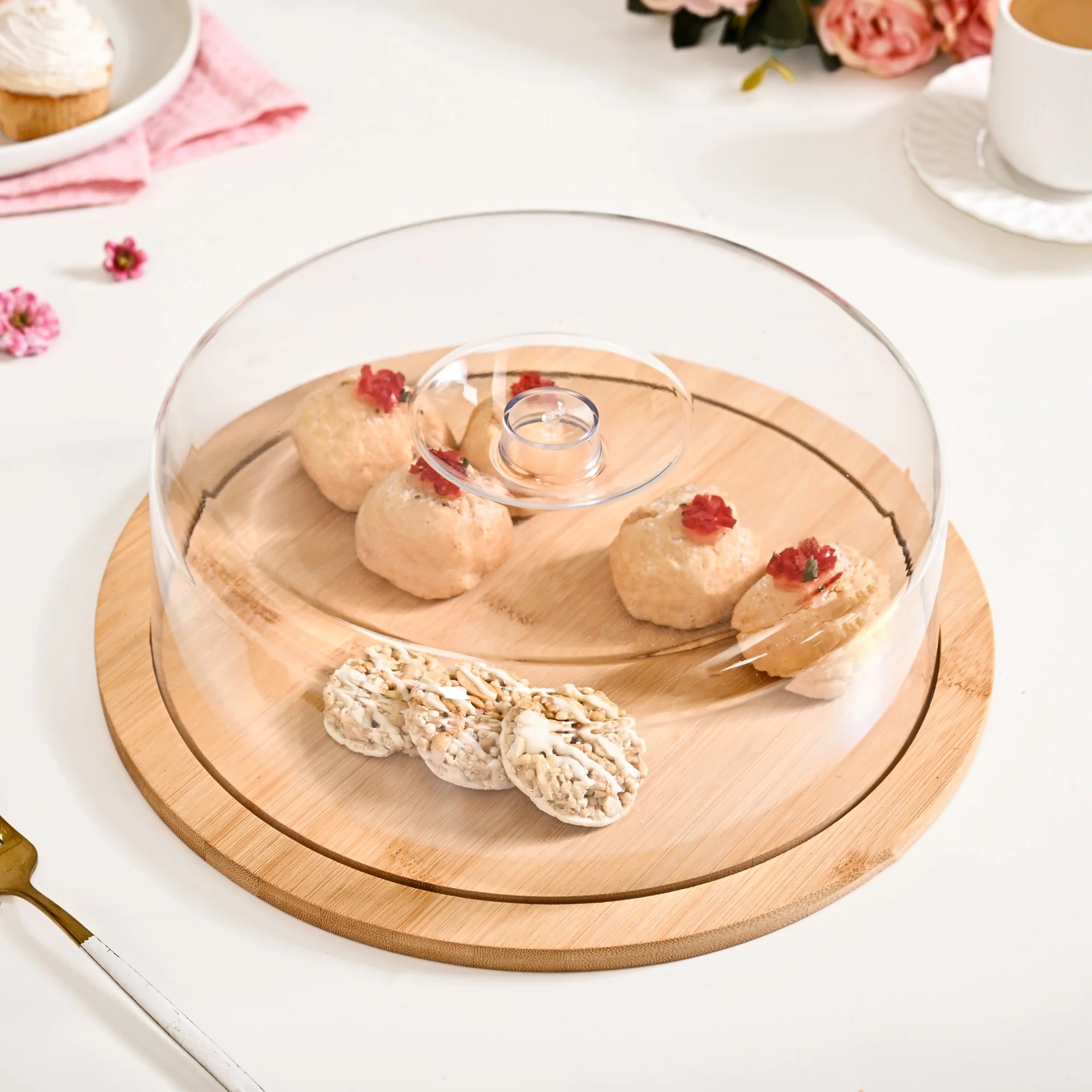 Bamboo Wood Cake Stand With Cloche 25cm - Image 3