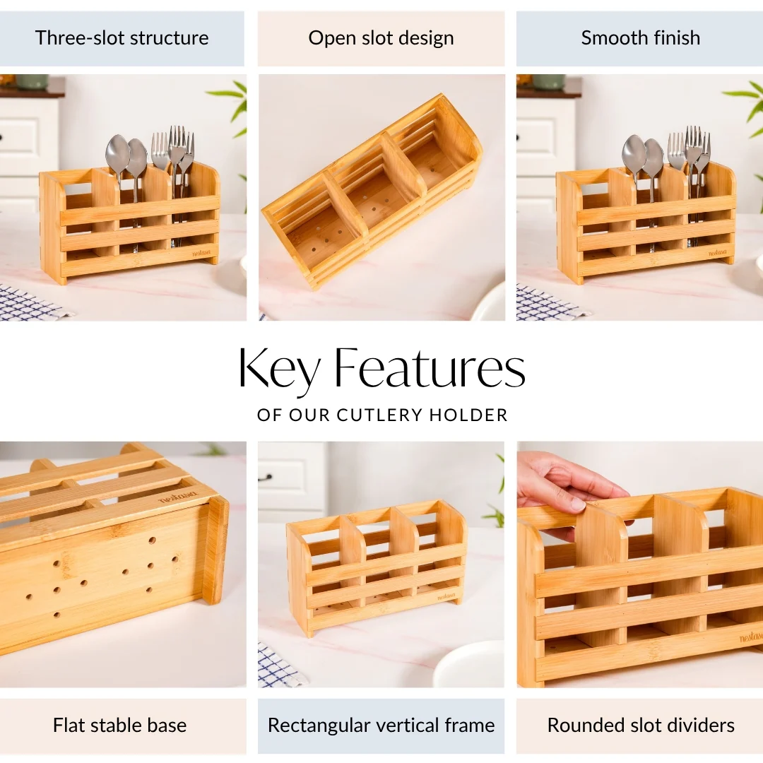 Bamboo Wood Cutlery Holder With 3 Sections - Image 5