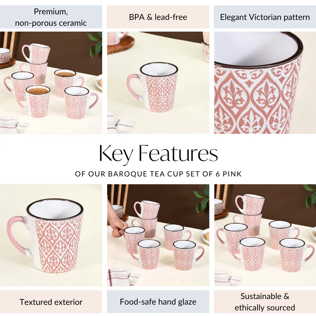 Baroque Tea Cup Set Of 6 Pink 250ml - Image 5