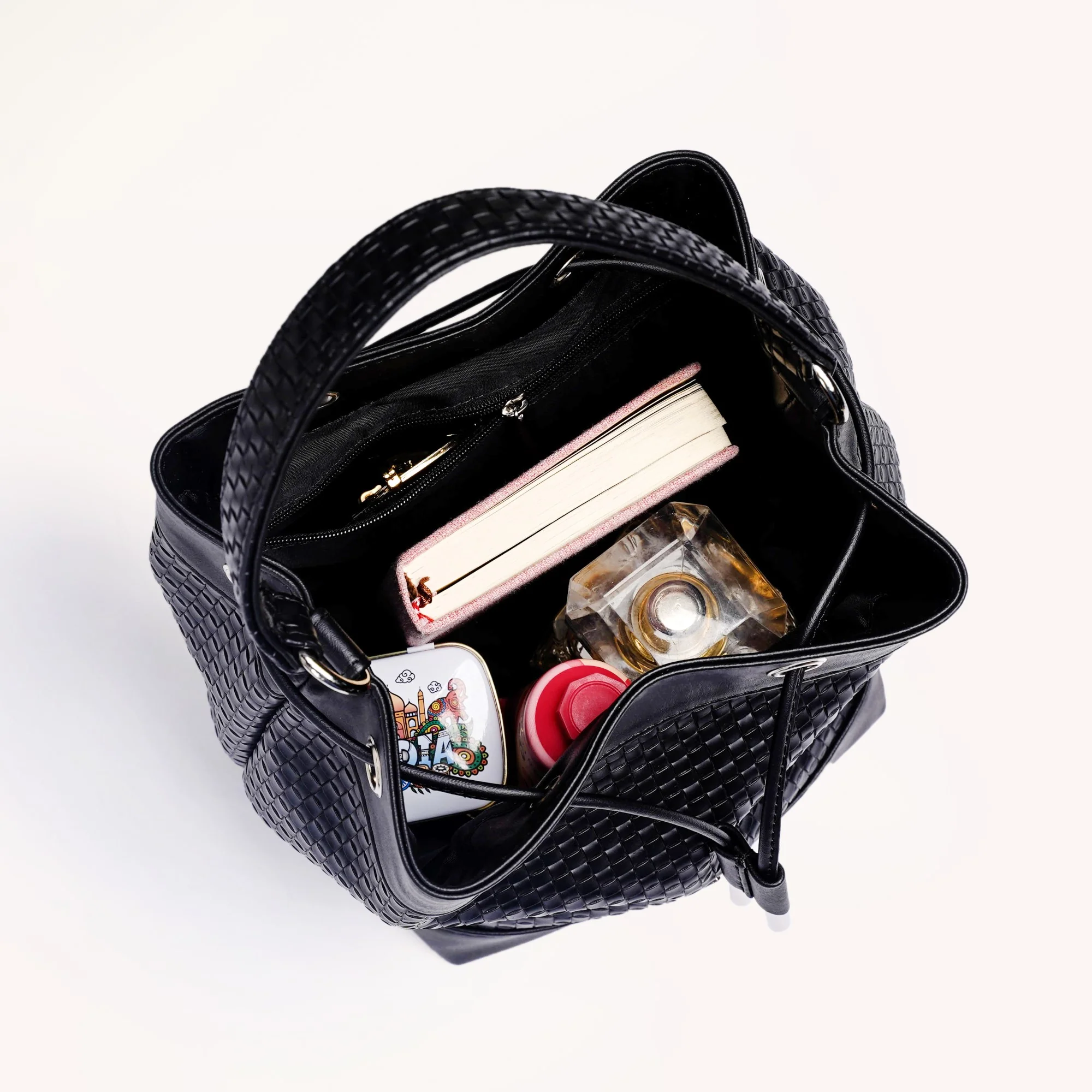 Basket Weave Bucket Handbag For Women Black - Image 6