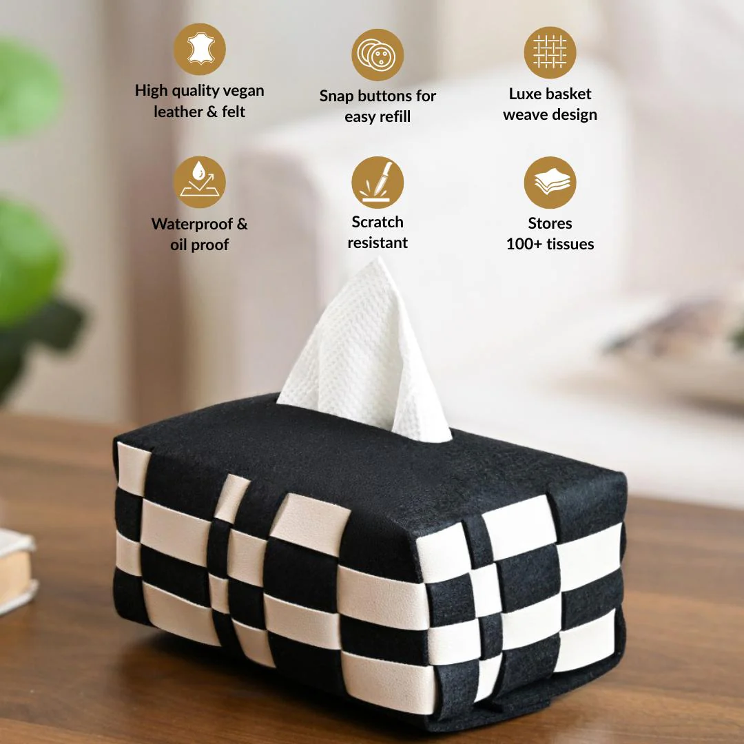 Basket Weave Vegan Leather Tissue Box Black And Beige - Image 3