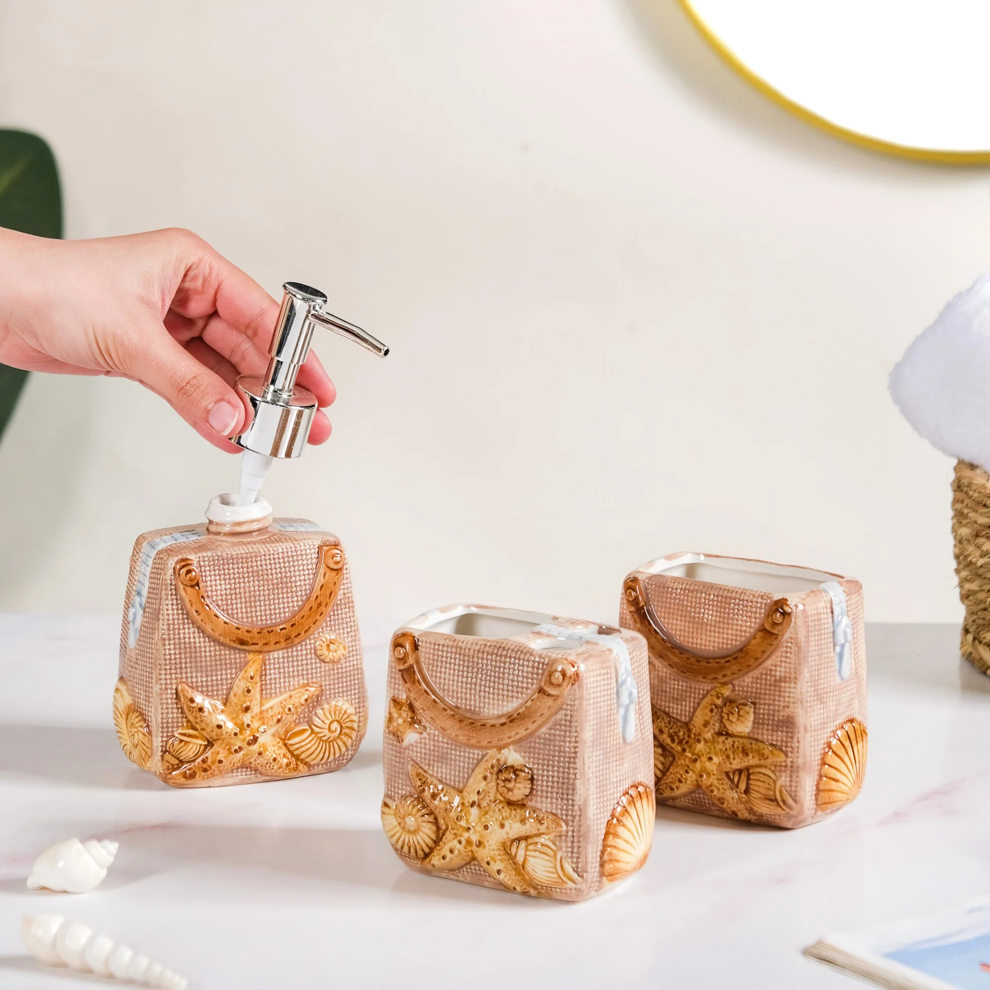 Beach Chic Ceramic Bath Set Of 3 Beige - Image 4