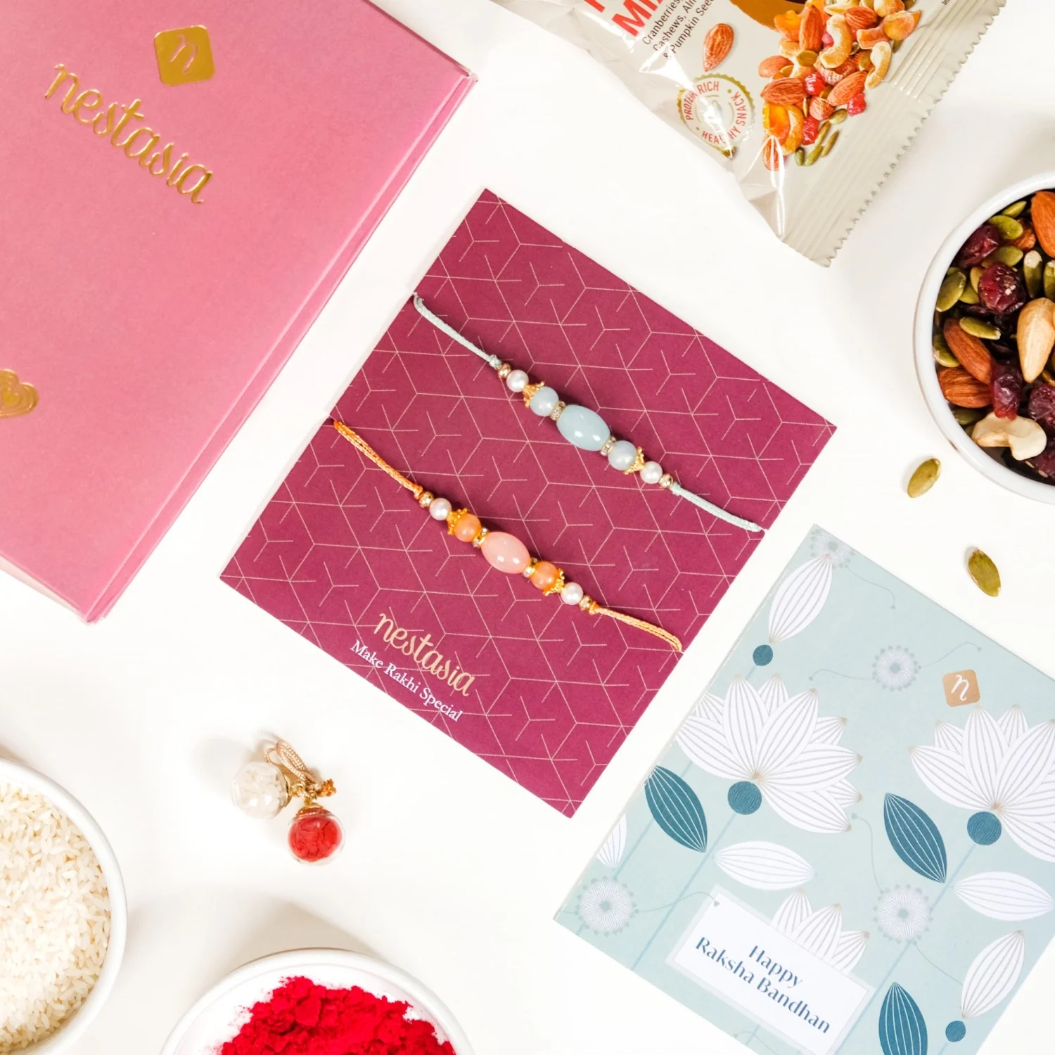 Beaded Two Rakhis Gift Set Of 4 With Box And Card - Image 4