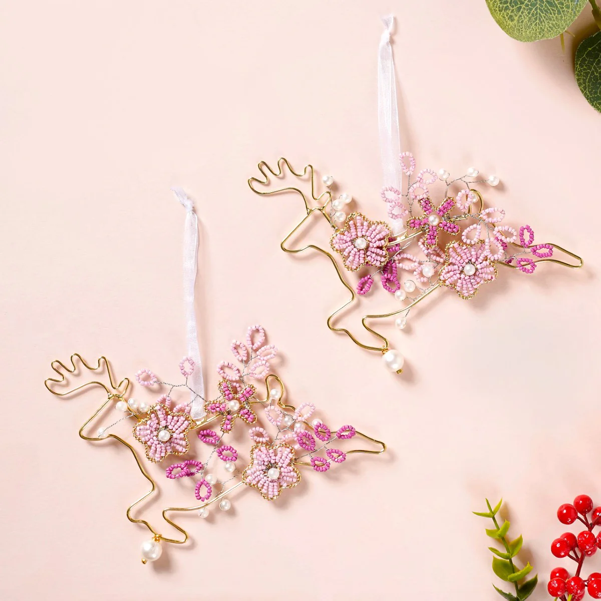 Beads Pink Reindeer Ornaments Set of 2