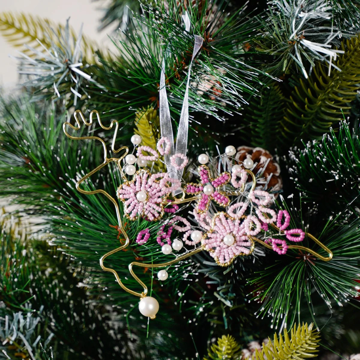 Beads Pink Reindeer Ornaments Set of 2 - Image 2
