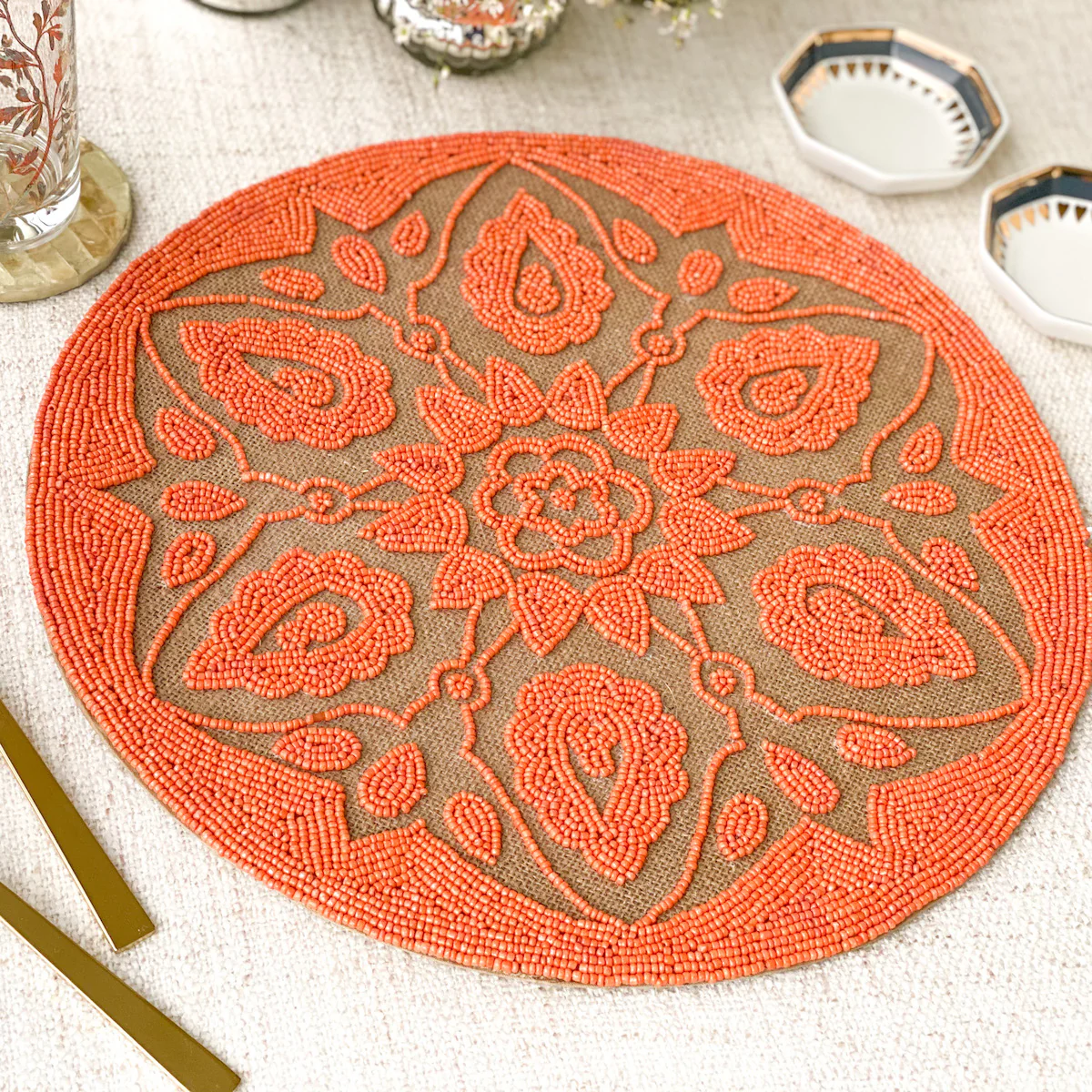 BEADS Mandala Jute Table Mat- Orange - Image 3
