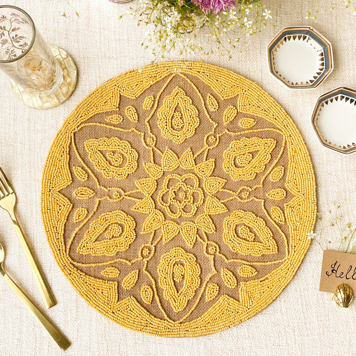 BEADS Mandala Jute Table Mat- Yellow - Image 3