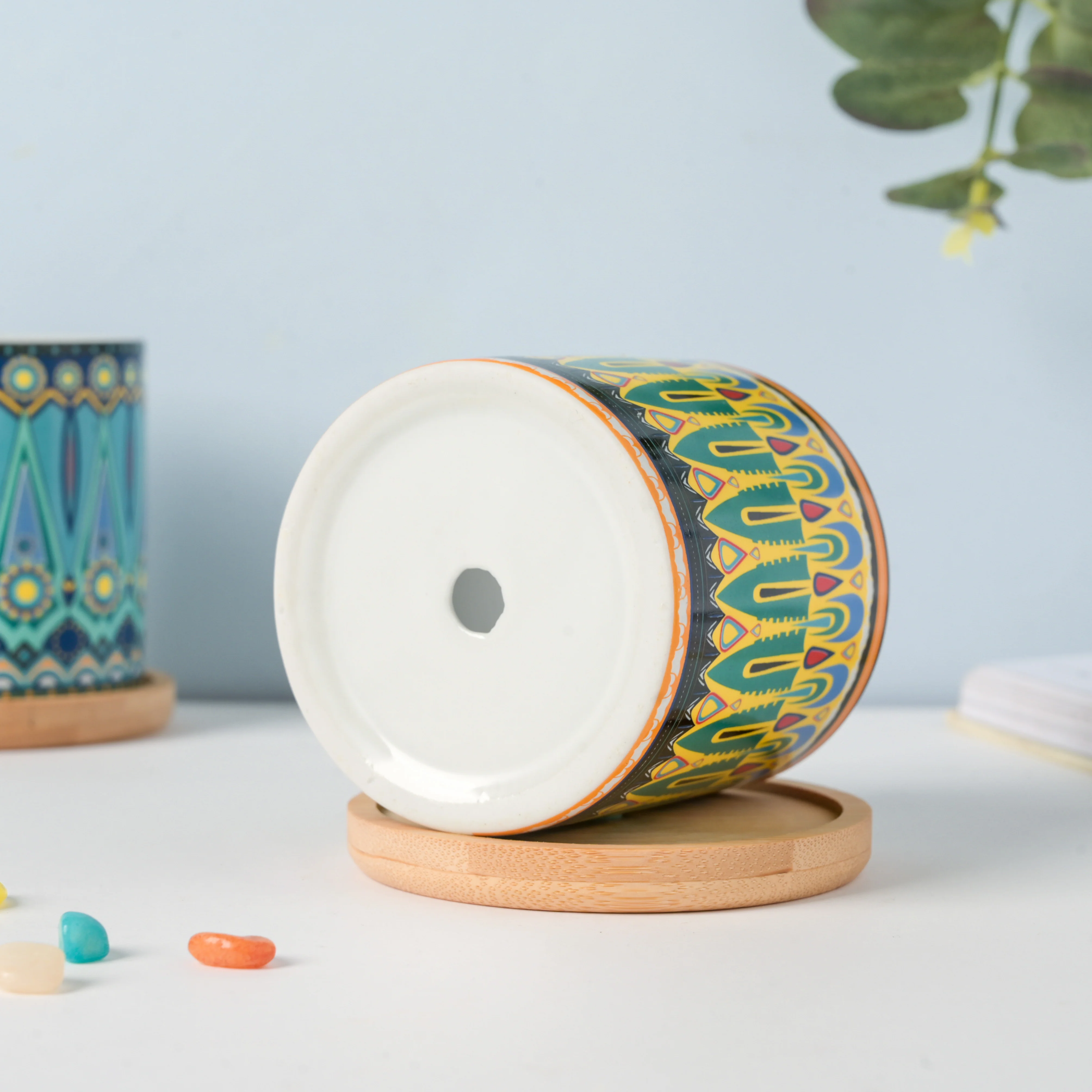 Beaming Green Ceramic Planter With Coaster - Image 6
