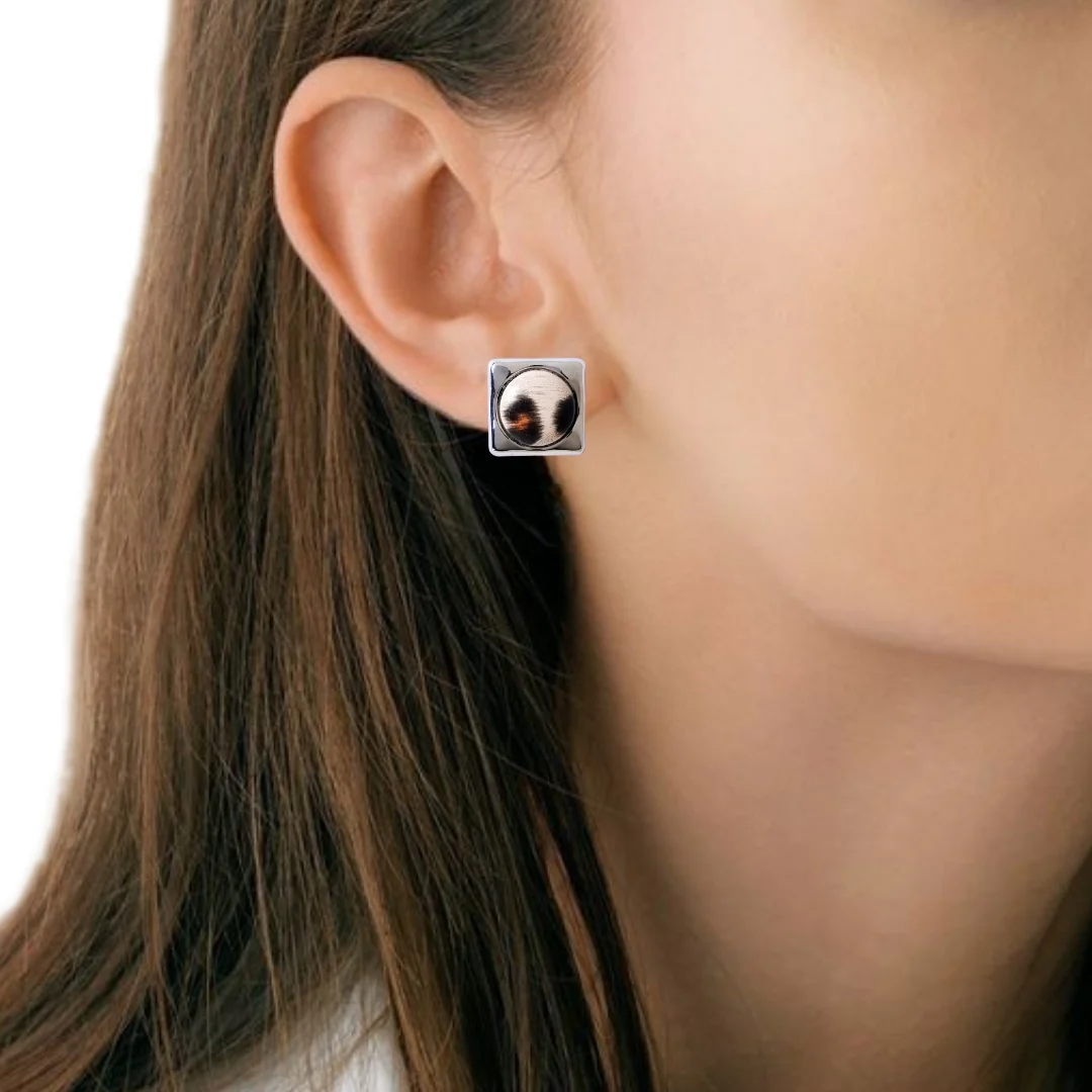Beige Animal Print Silver Square Studs - Image 2