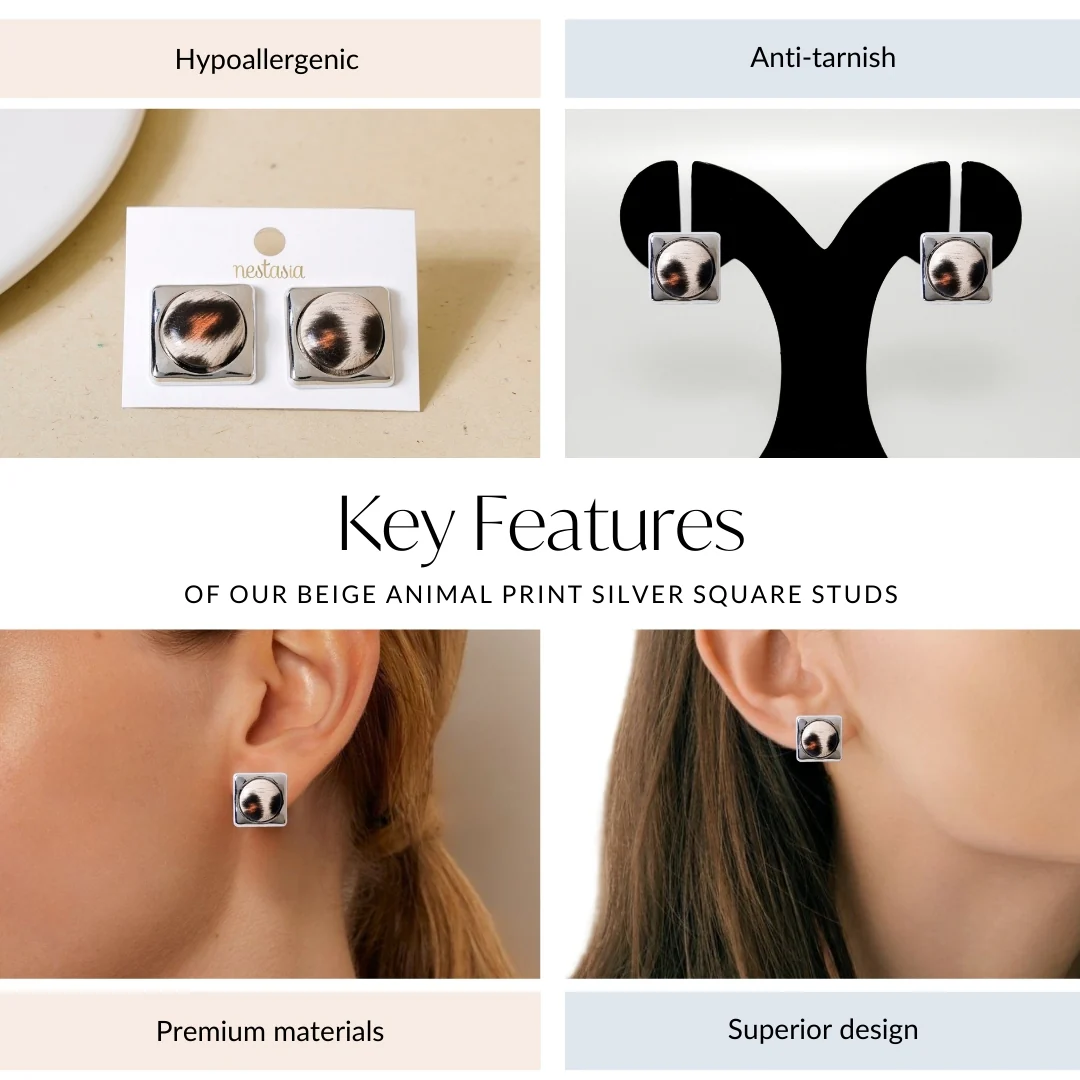 Beige Animal Print Silver Square Studs - Image 4