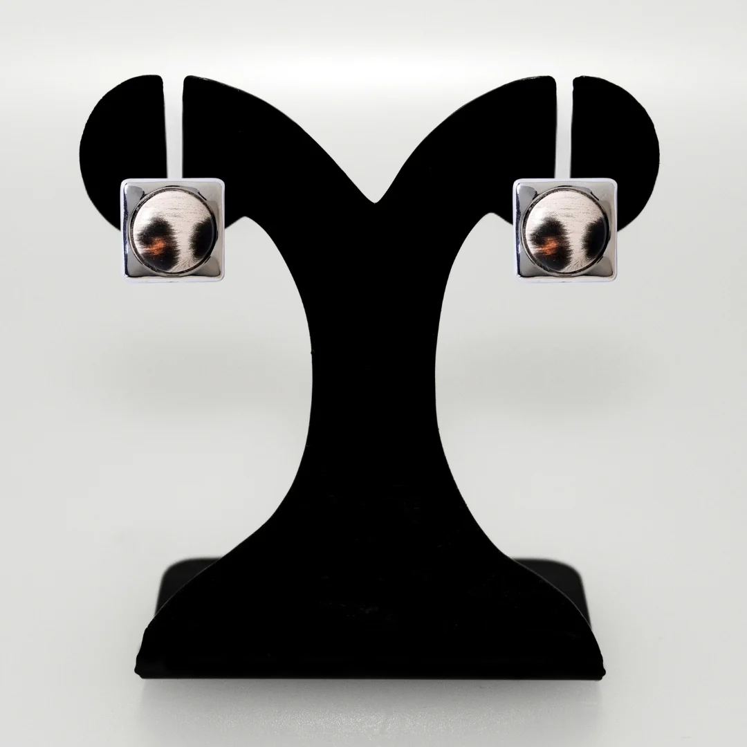 Beige Animal Print Silver Square Studs - Image 6