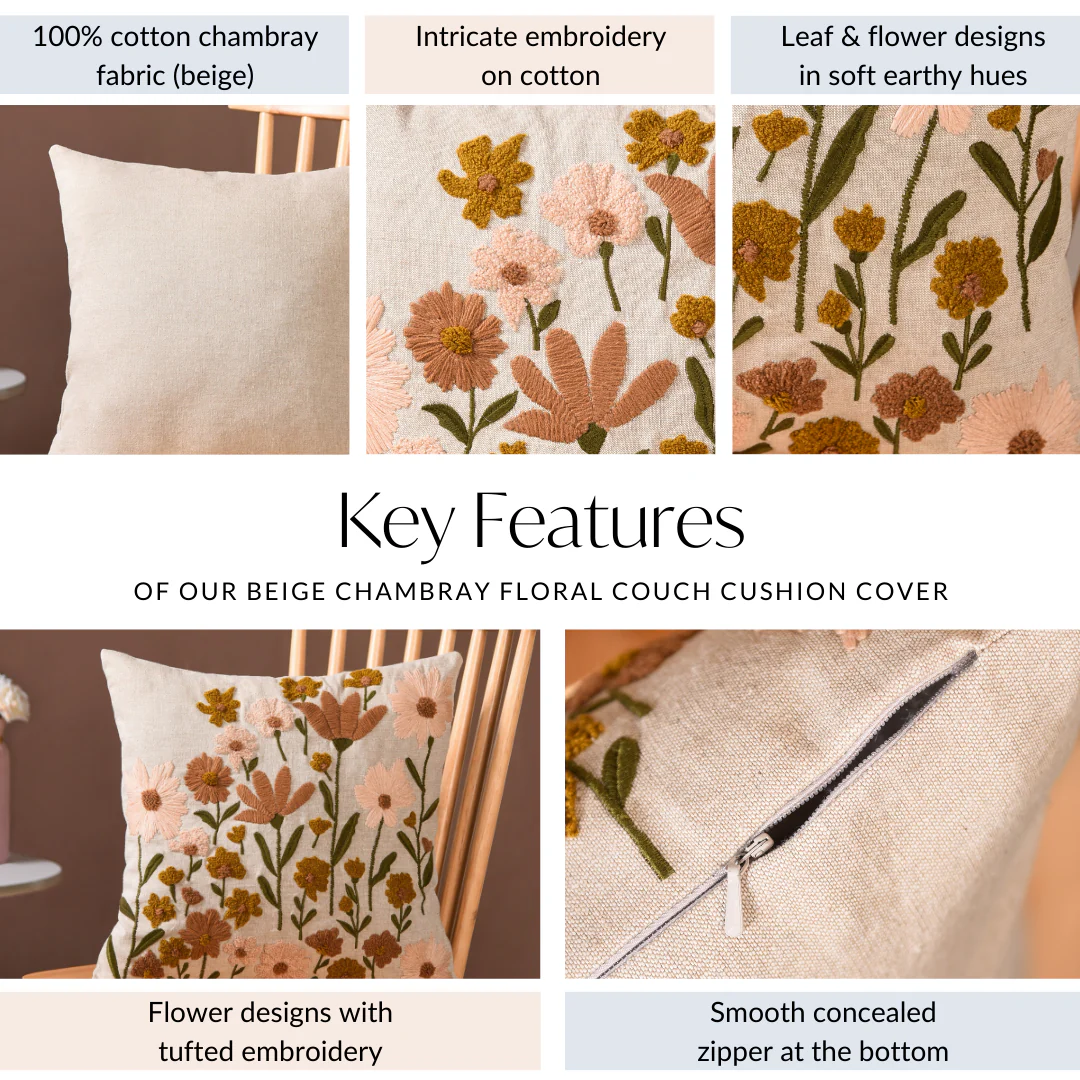 Beige Chambray Floral Couch Cushion Cover 40x40cm - Image 5