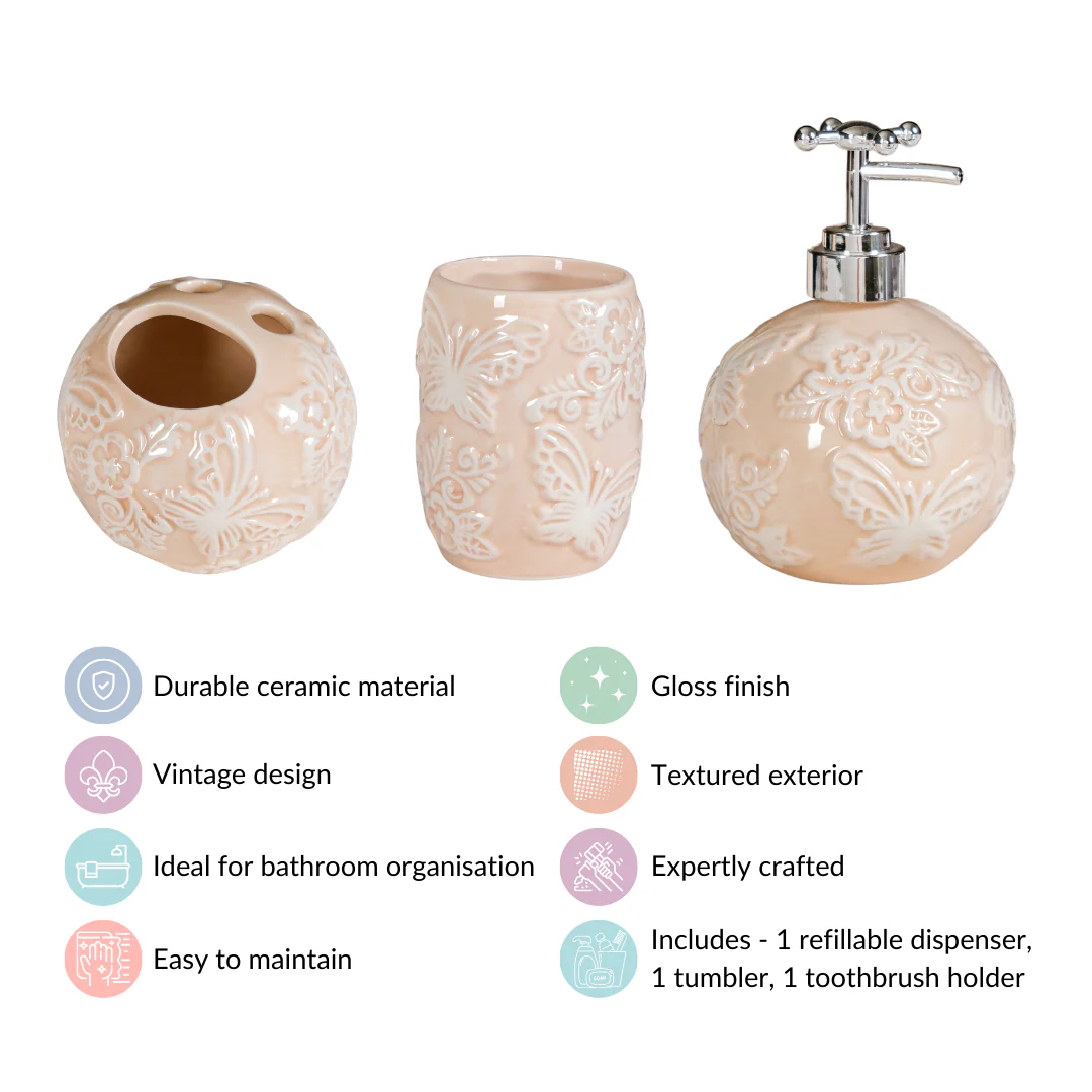 Beige Embossed Ceramic Bath Set Of 3 - Image 4
