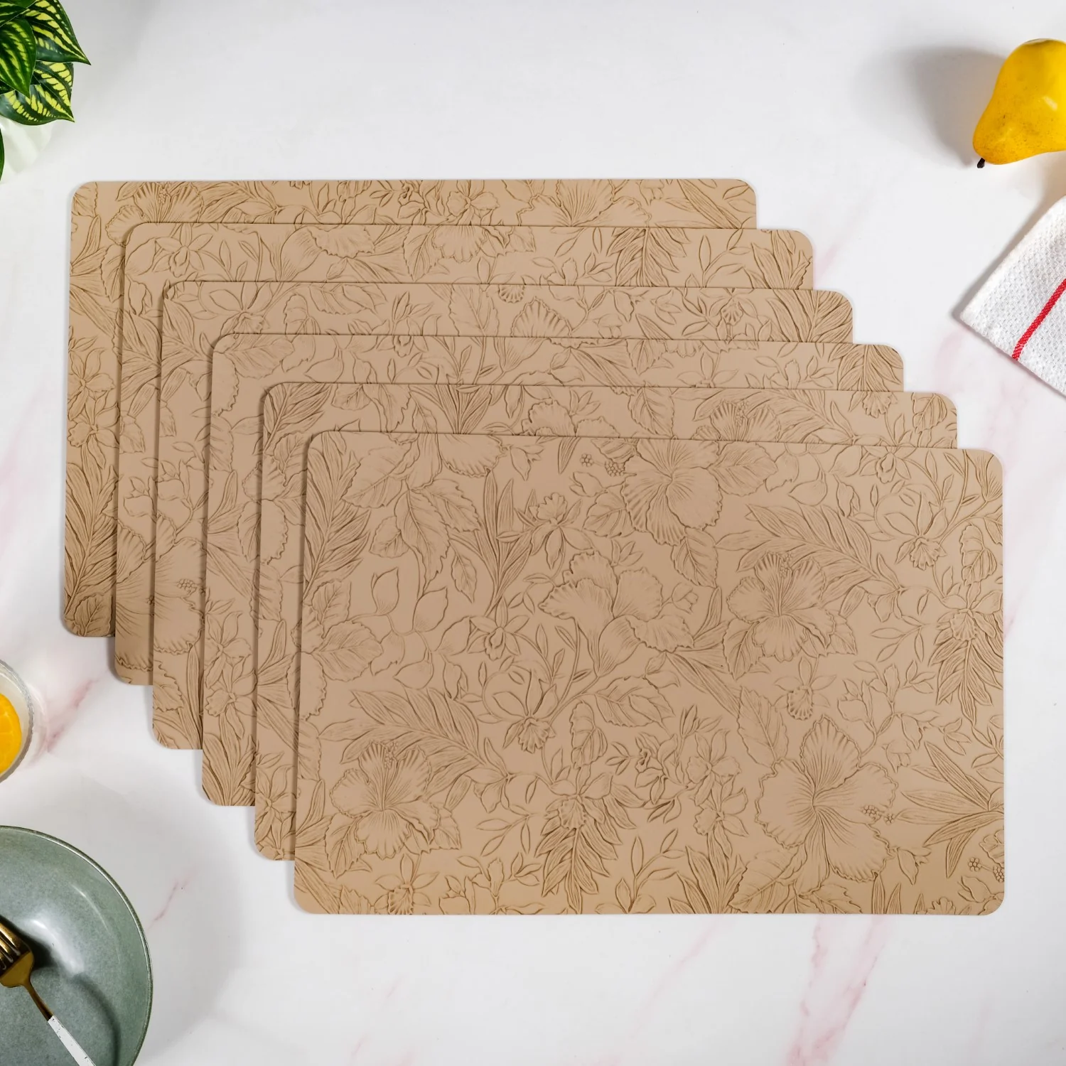 Beige Embossed Hibiscus Rectangular Placemats Set Of 6 - Image 6