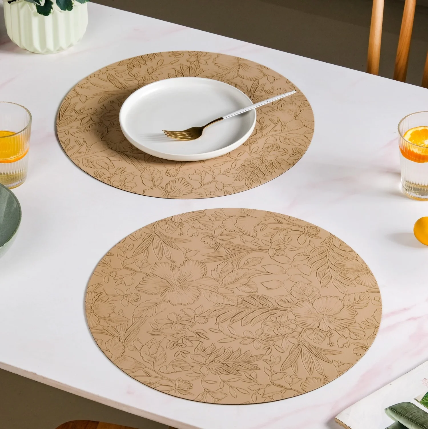 Beige Embossed Hibiscus Round Placemats Set Of 6 - Image 3