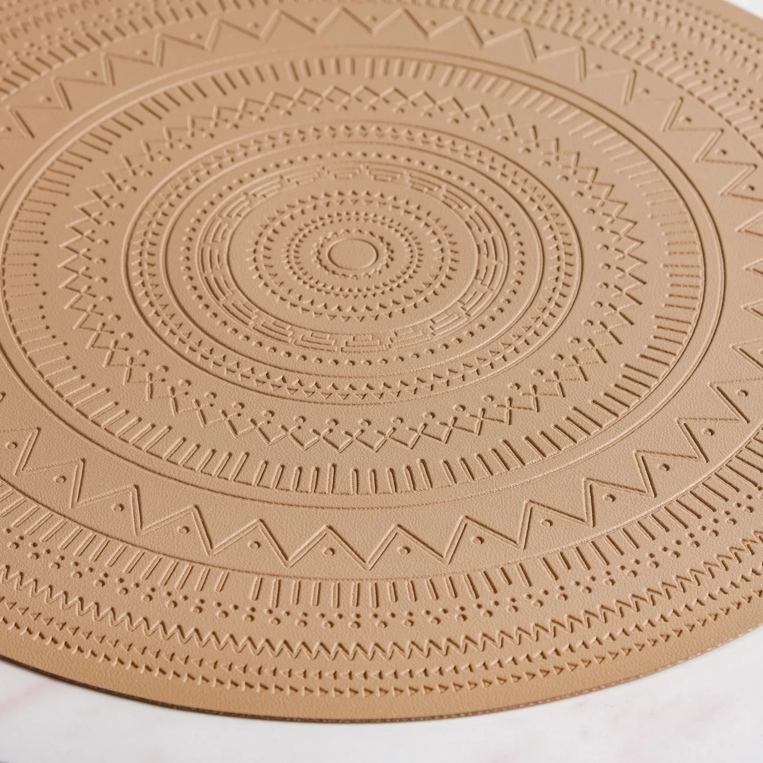 Beige Embossed Warli Design Round Table Mat Set Of 6 - Image 3