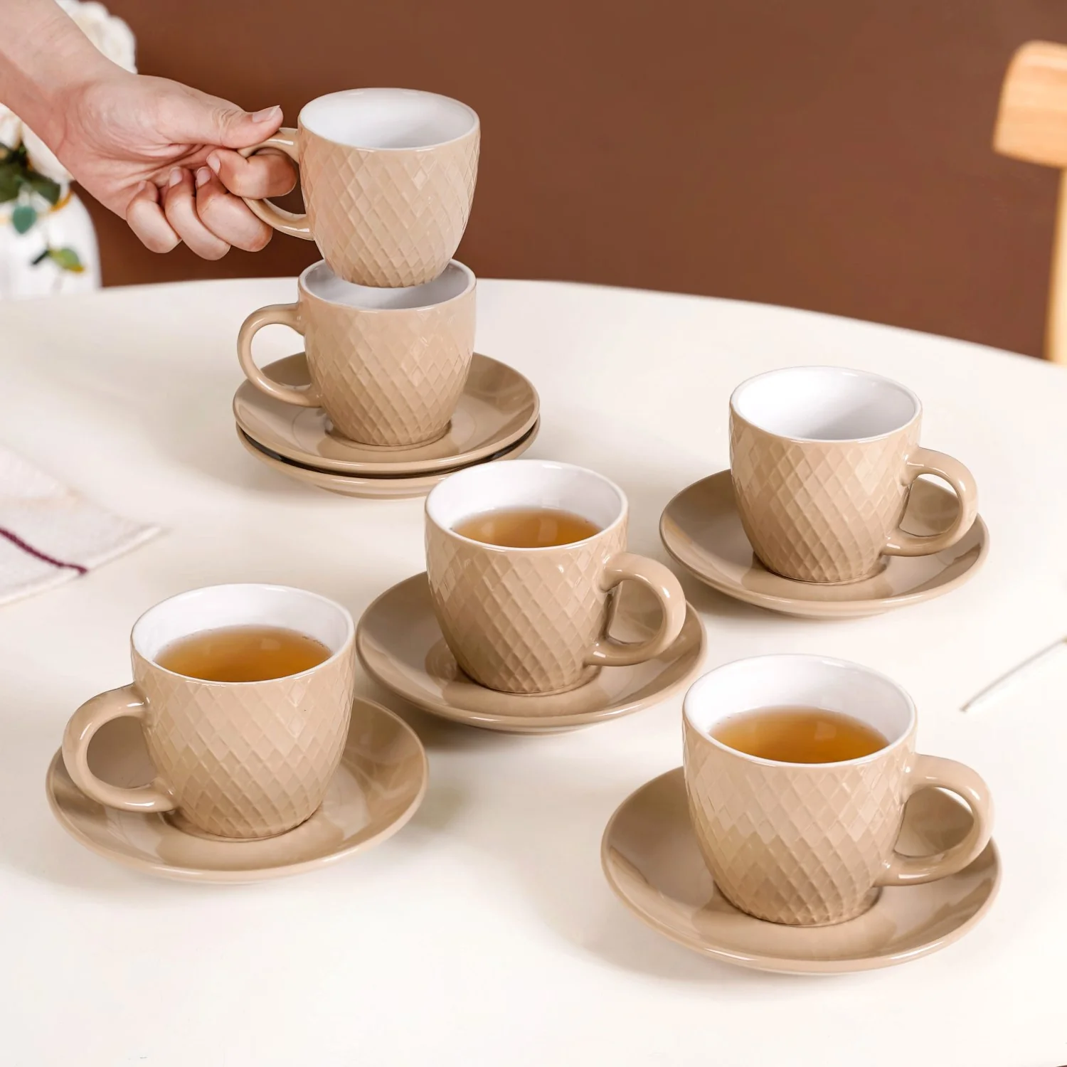 Beige Tara Ceramic Cup And Saucer Set Of 6 225ml - Image 2