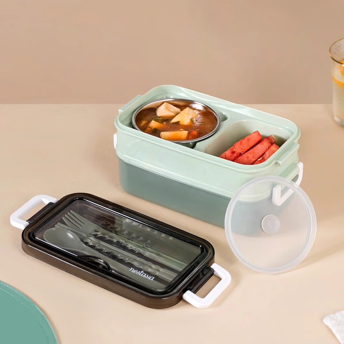 Bento Lunch Box With Mobile Holder Green 1050ml - Image 13