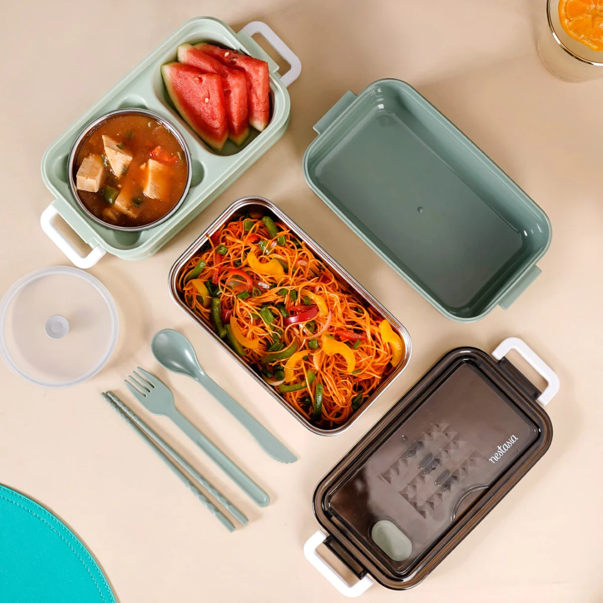 Bento Lunch Box With Mobile Holder Green 1050ml - Image 3