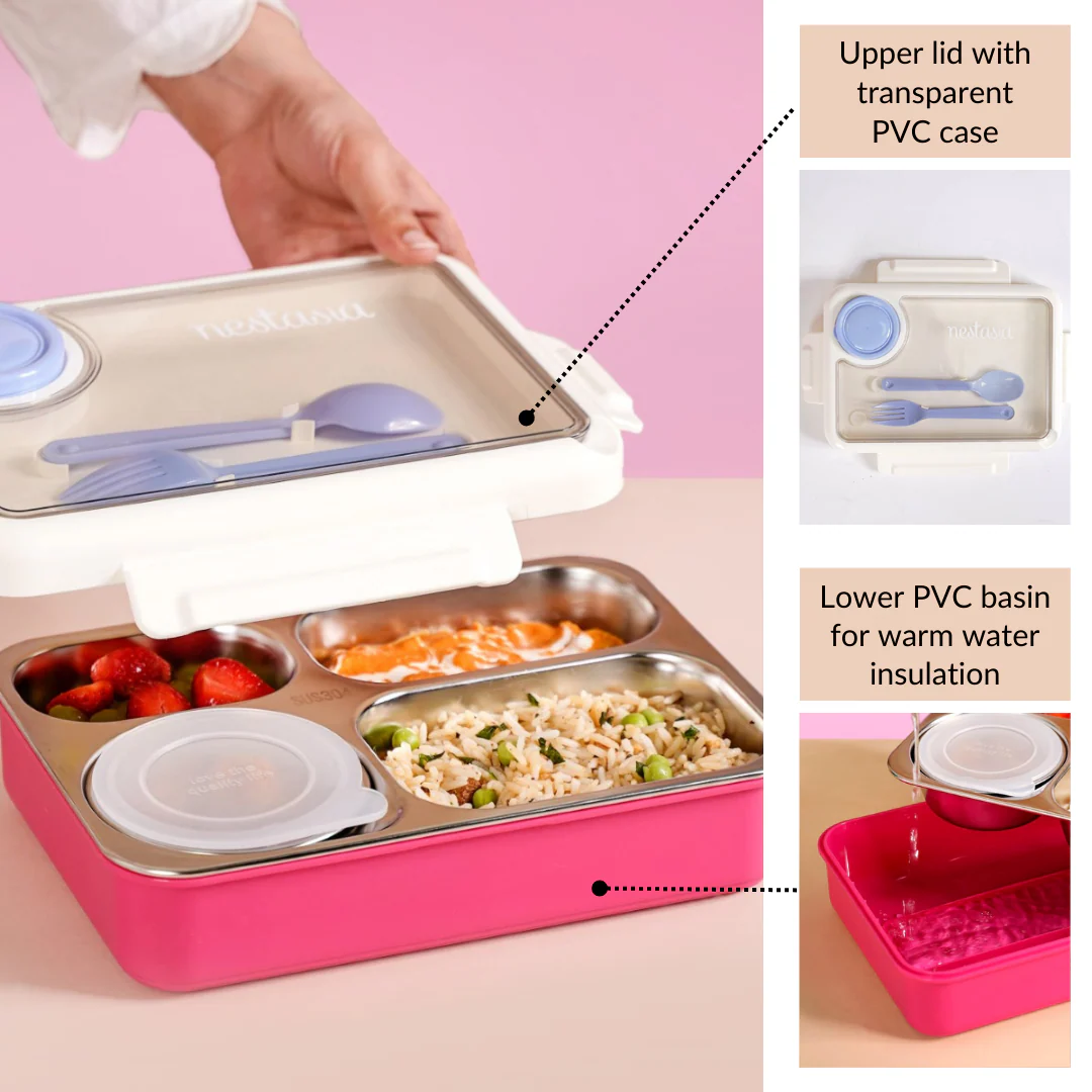 Bento Pink 4 Grid Stainless Steel Lunch Box For Office 950ml - Image 12