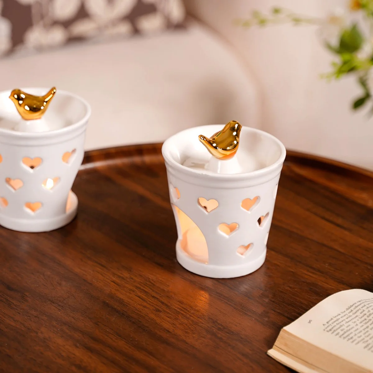 Bird Topped Heart Cutwork Aroma Diffuser Set Of 2 White - Image 11