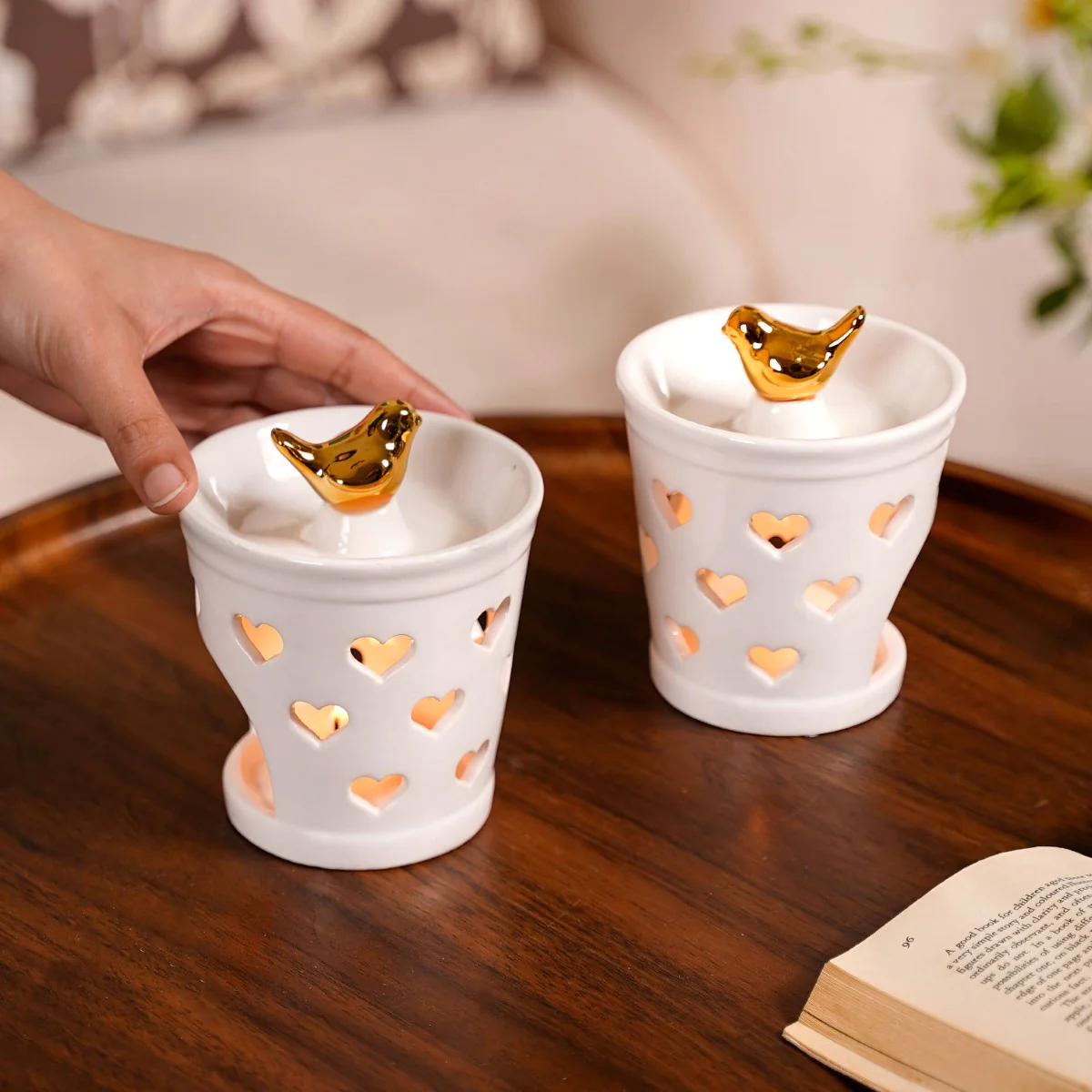 Bird Topped Heart Cutwork Aroma Diffuser Set Of 2 White - Image 3