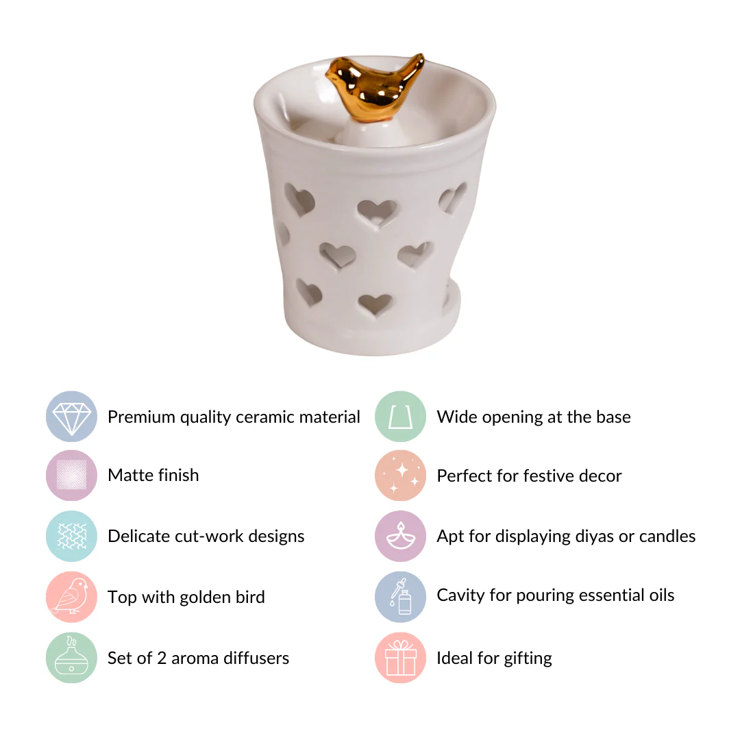 Bird Topped Heart Cutwork Aroma Diffuser Set Of 2 White - Image 6