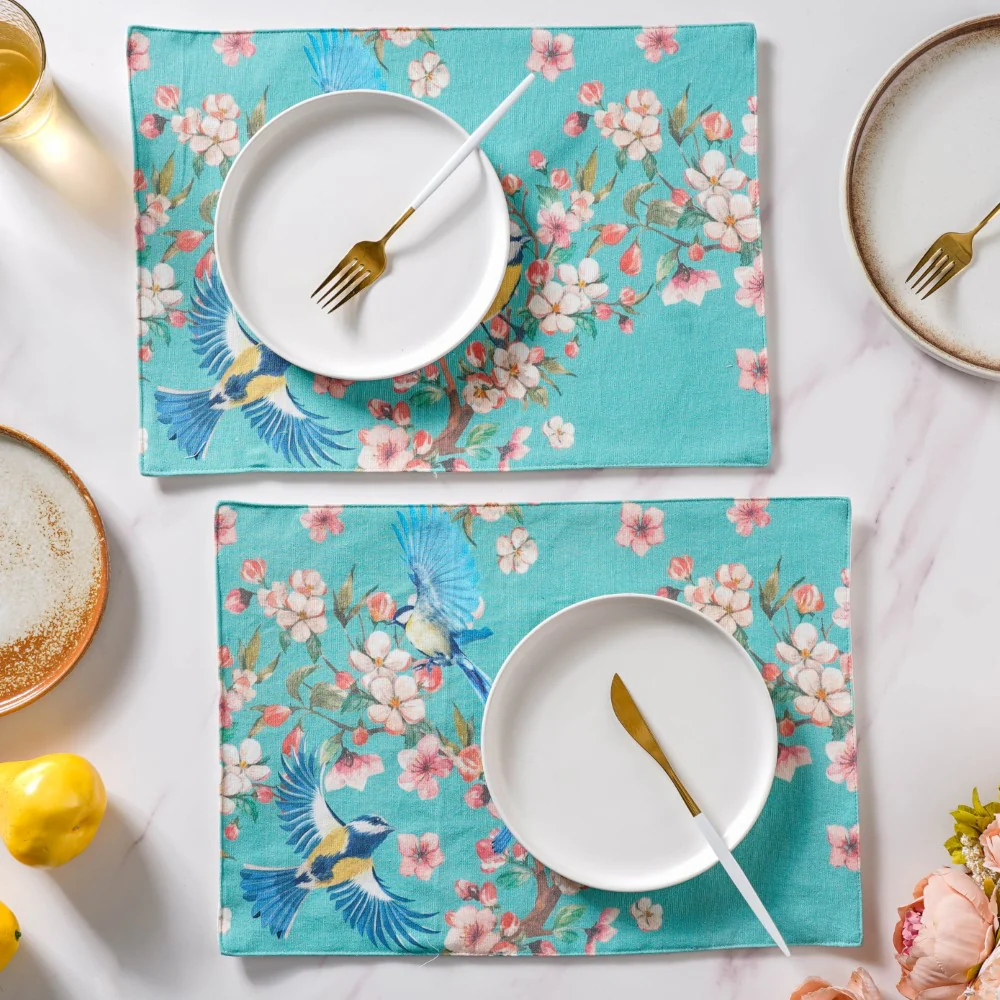 Birds Blossoms Cotton Printed Table Mat Blue Set Of 2 - Image 6