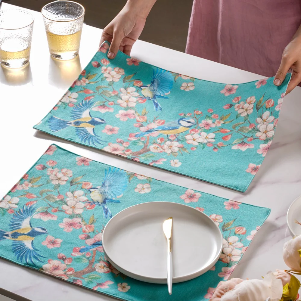 Birds Blossoms Cotton Printed Table Mat Blue Set Of 6 - Image 2