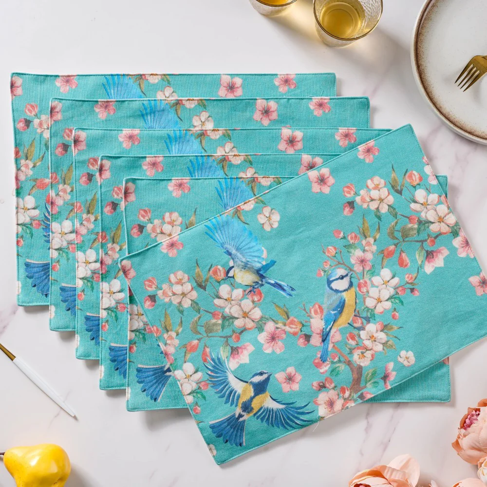 Birds Blossoms Cotton Printed Table Mat Blue Set Of 6 - Image 5
