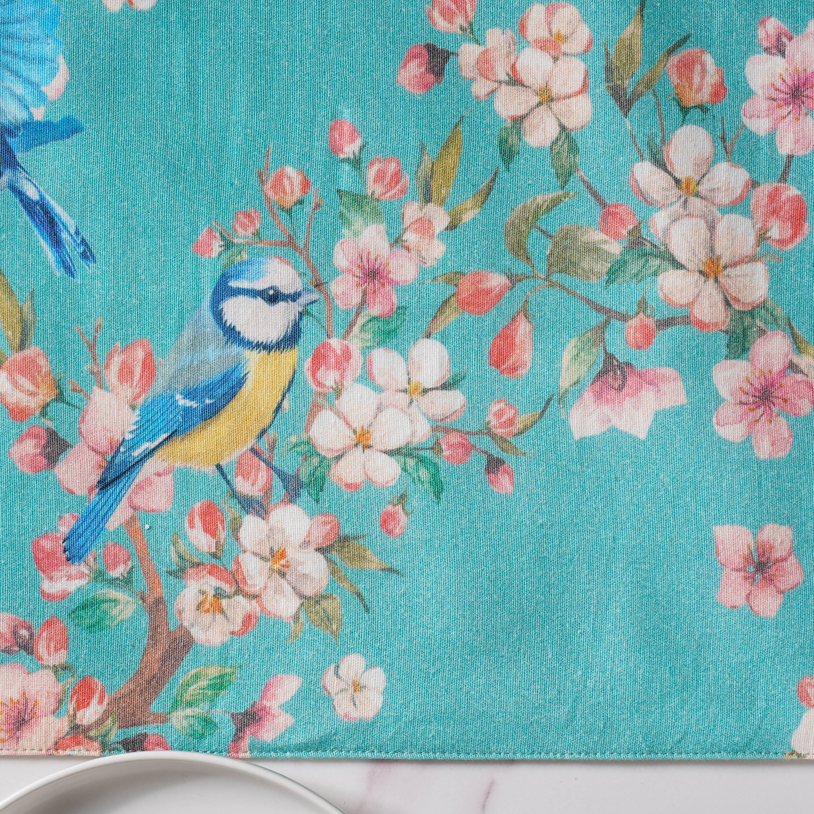 Birds Blossoms Cotton Printed Table Runner Blue For 6 Seater - Image 6